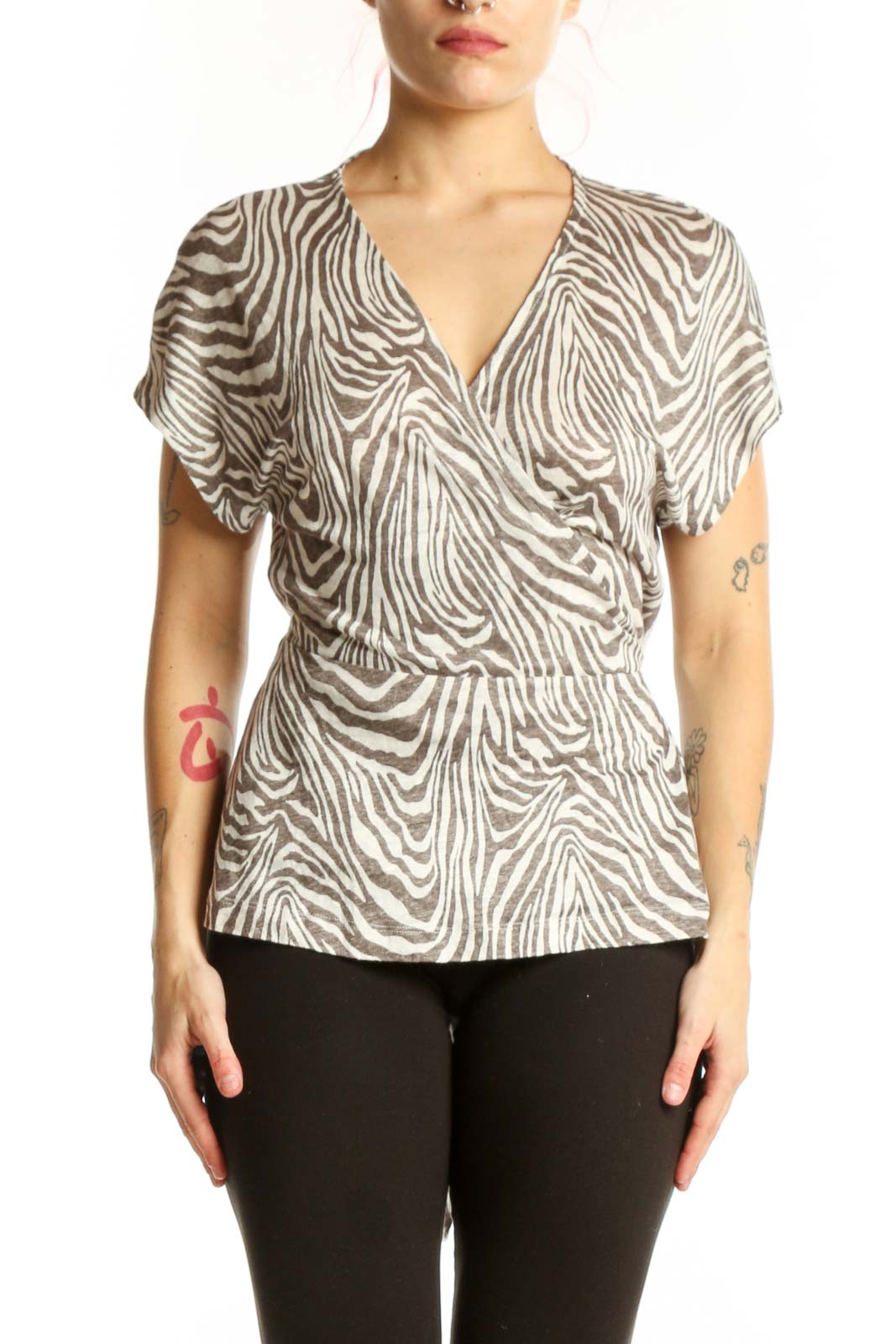 Cream and taupe zebra print linen wrap top by Banana Republic, front view showing wrap-front design and short sleeves