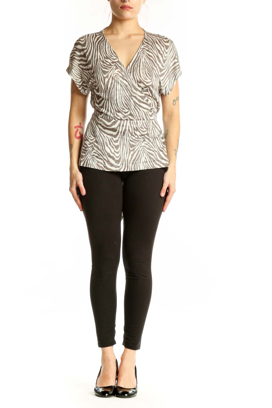 Cream and taupe zebra print linen wrap top by Banana Republic, front view showing wrap-front design and short sleeves