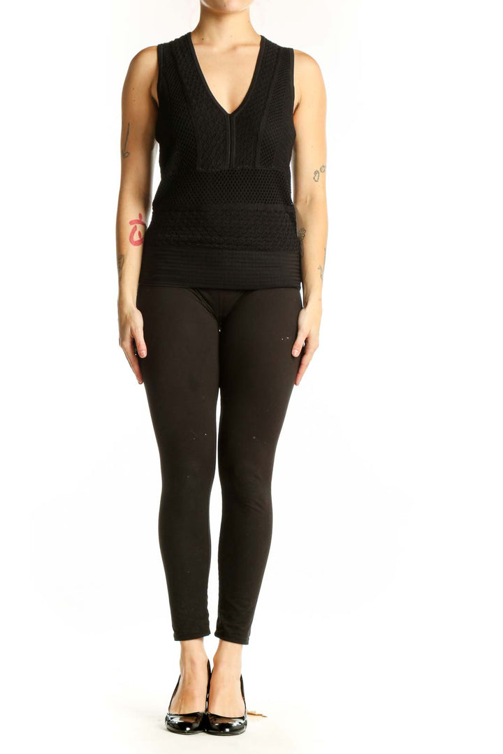 Black textured V-neck sleeveless tank top with front zip detail and fitted waist, front view