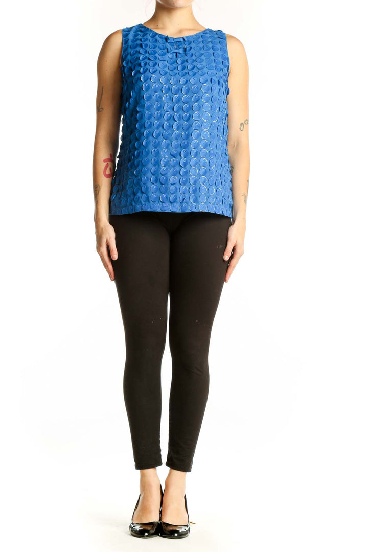 Blue textured sleeveless tank top with dimensional circle pattern, front view