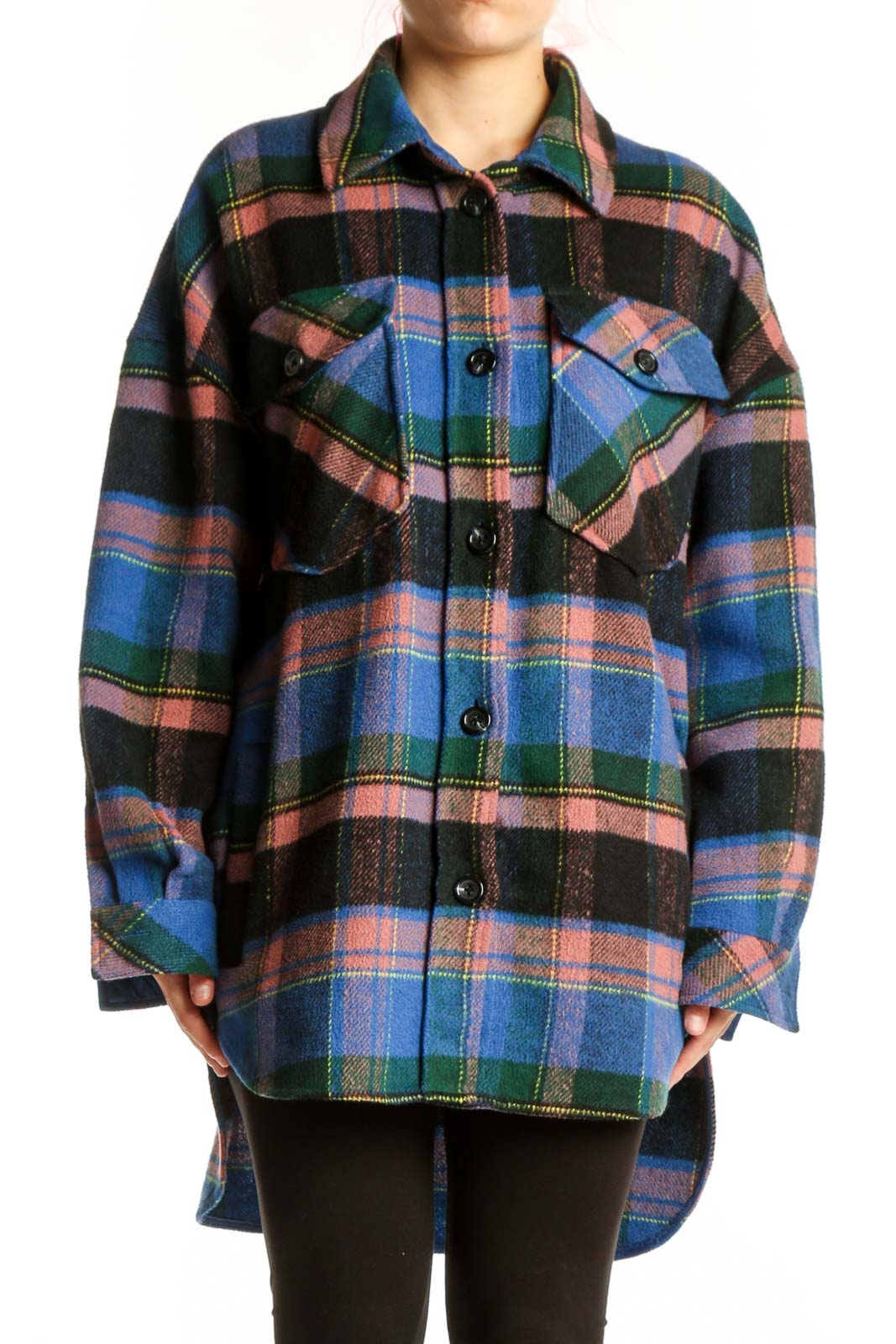 Multicolor plaid button-up shirt jacket with chest pockets, featuring navy, blue, pink, and green tartan pattern