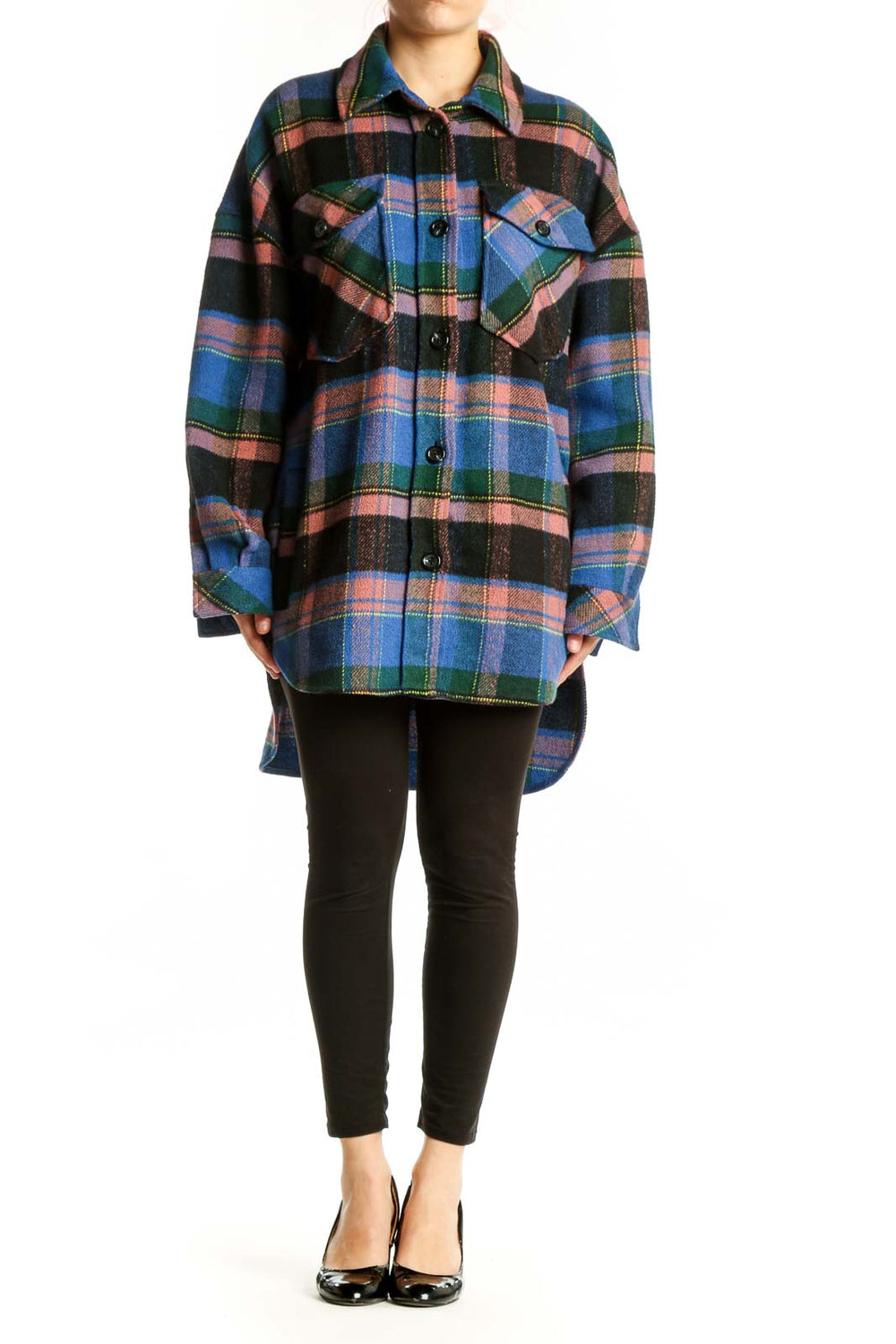 Multicolor plaid button-up shirt jacket with chest pockets, featuring navy, blue, pink, and green tartan pattern