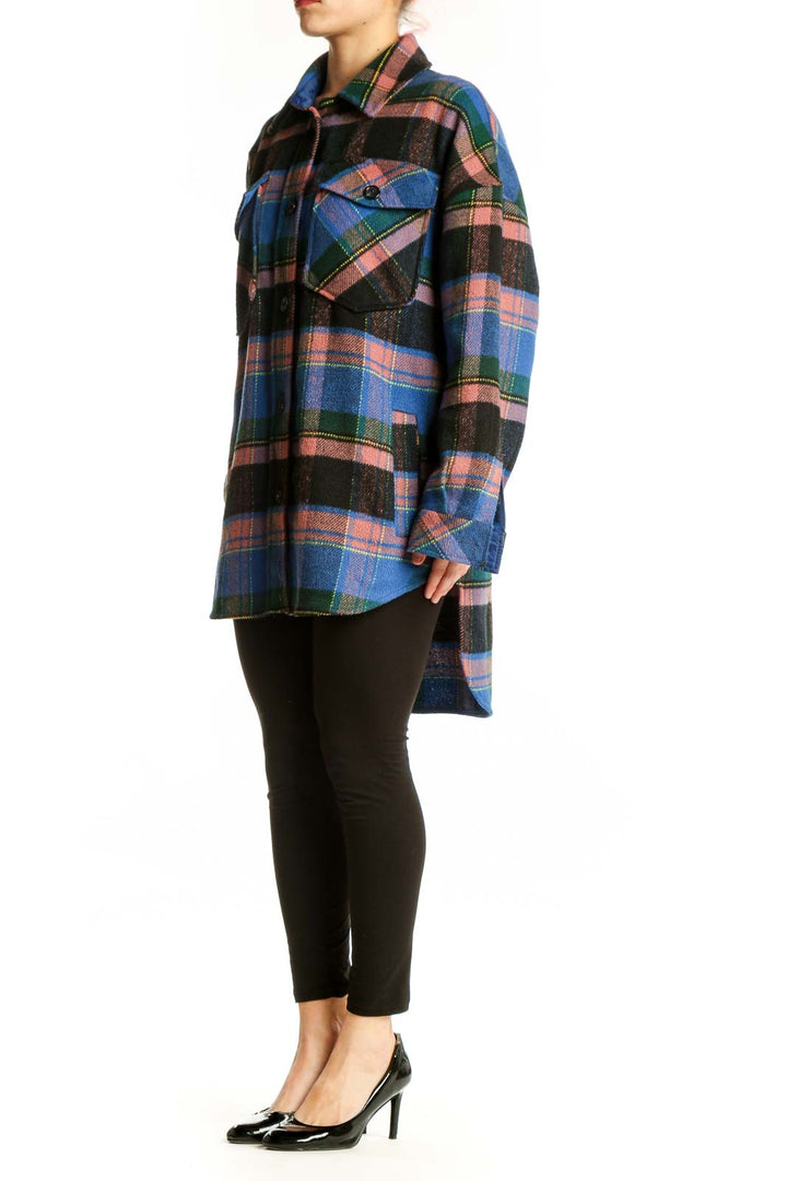 Multicolor plaid button-up shirt jacket with chest pockets, featuring navy, blue, pink, and green tartan pattern