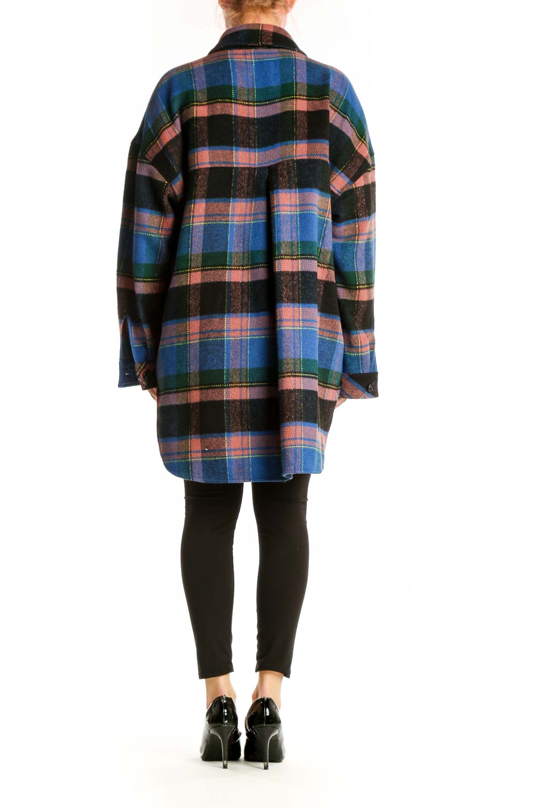 Back view of multicolor plaid shirt jacket showing relaxed fit and longer hemline