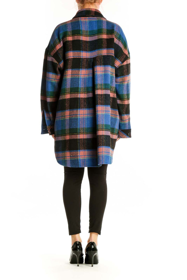 Back view of multicolor plaid shirt jacket showing relaxed fit and longer hemline