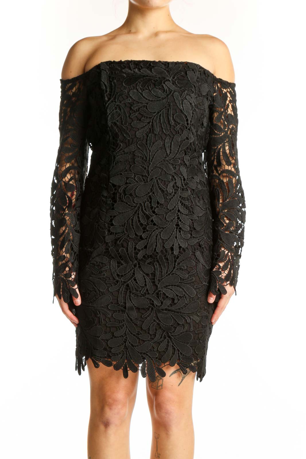 Black lace off-shoulder cocktail dress with floral pattern and sheer long sleeves, front view