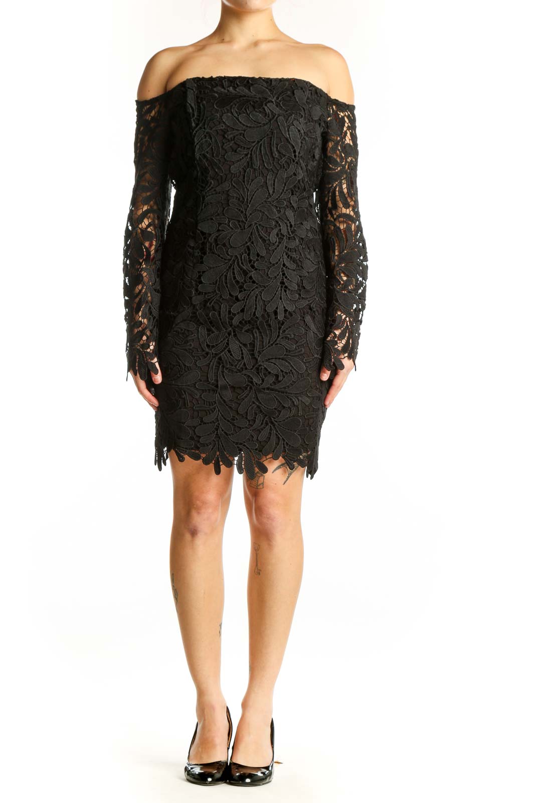 Black lace off-shoulder cocktail dress with floral pattern and sheer long sleeves, front view