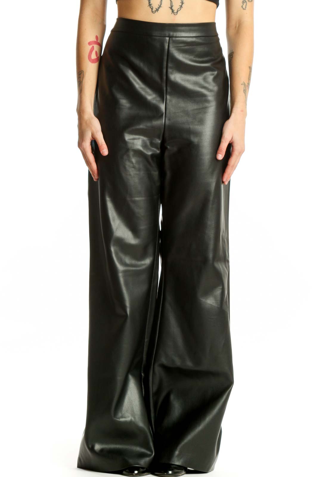 Black PU leather wide leg pants with high waist, front view on model