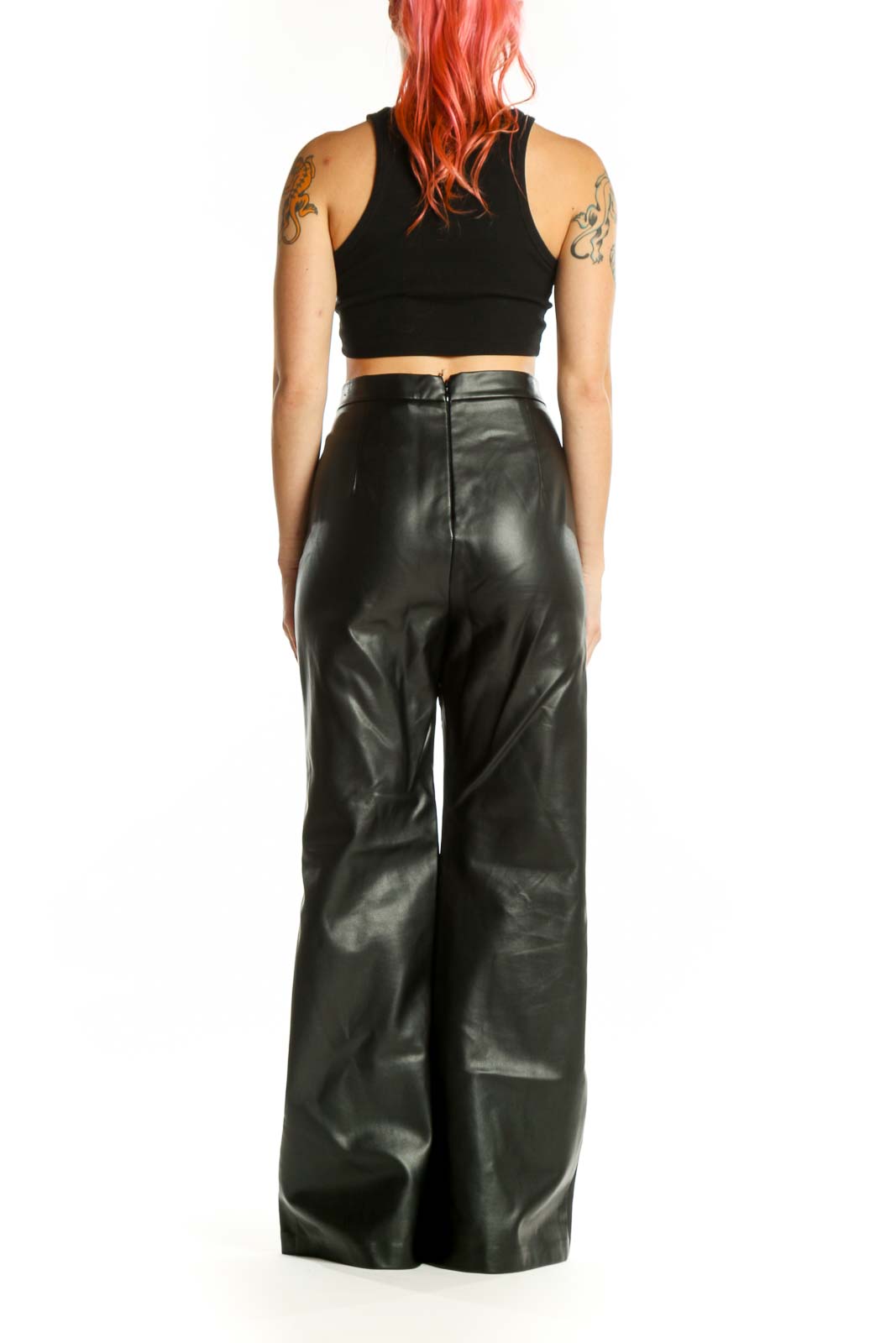 Black PU leather wide leg pants with high waist, side view on model