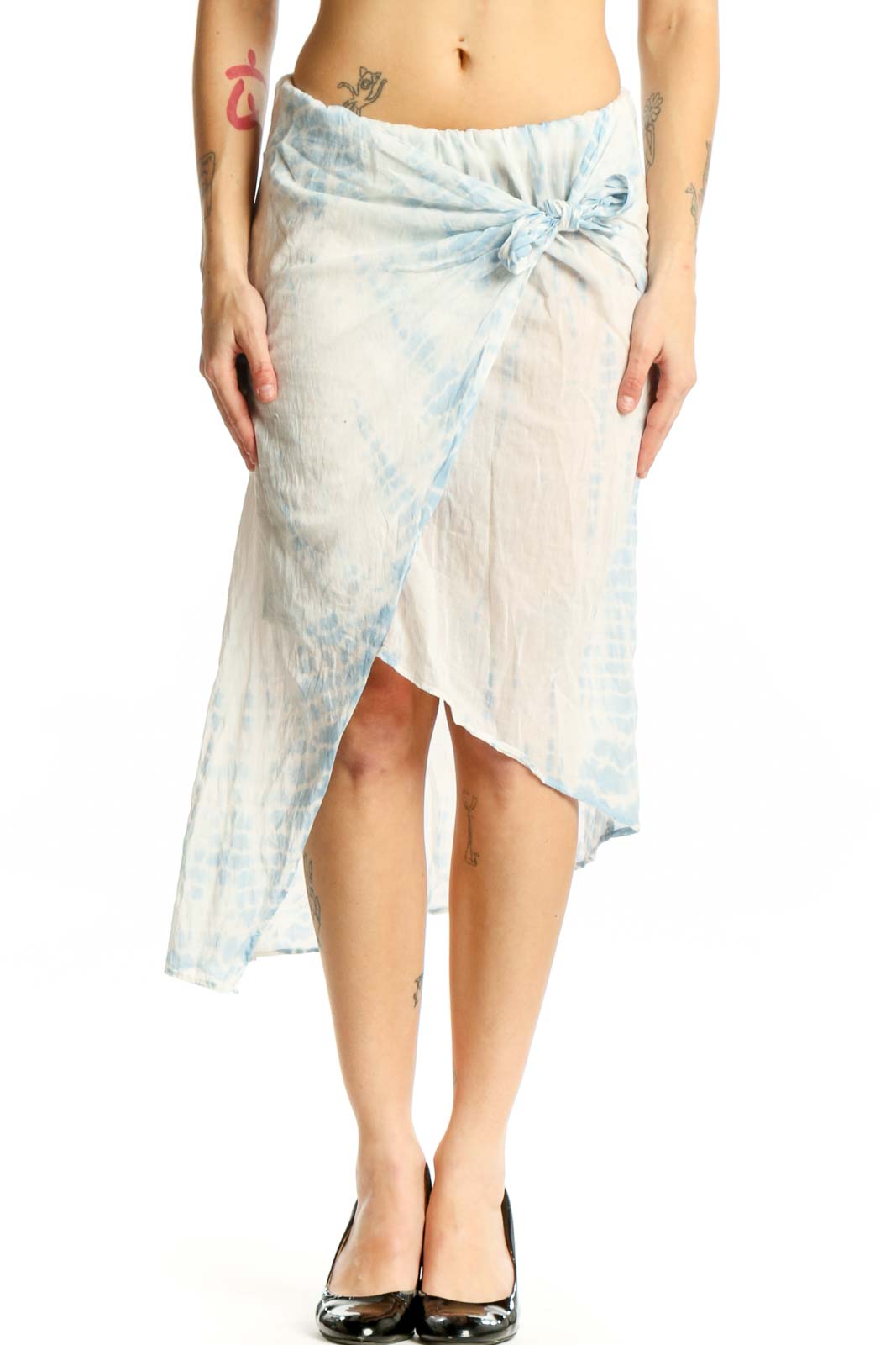 All Saints blue and cream tie-dye cotton wrap skirt with asymmetrical hemline and tie-front closure, front view