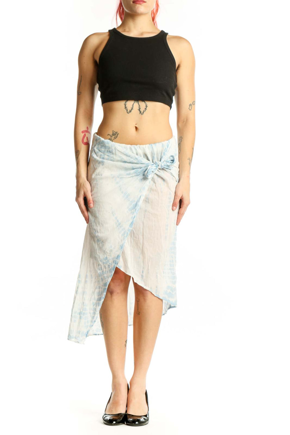 All Saints blue and cream tie-dye cotton wrap skirt with asymmetrical hemline and tie-front closure, front view