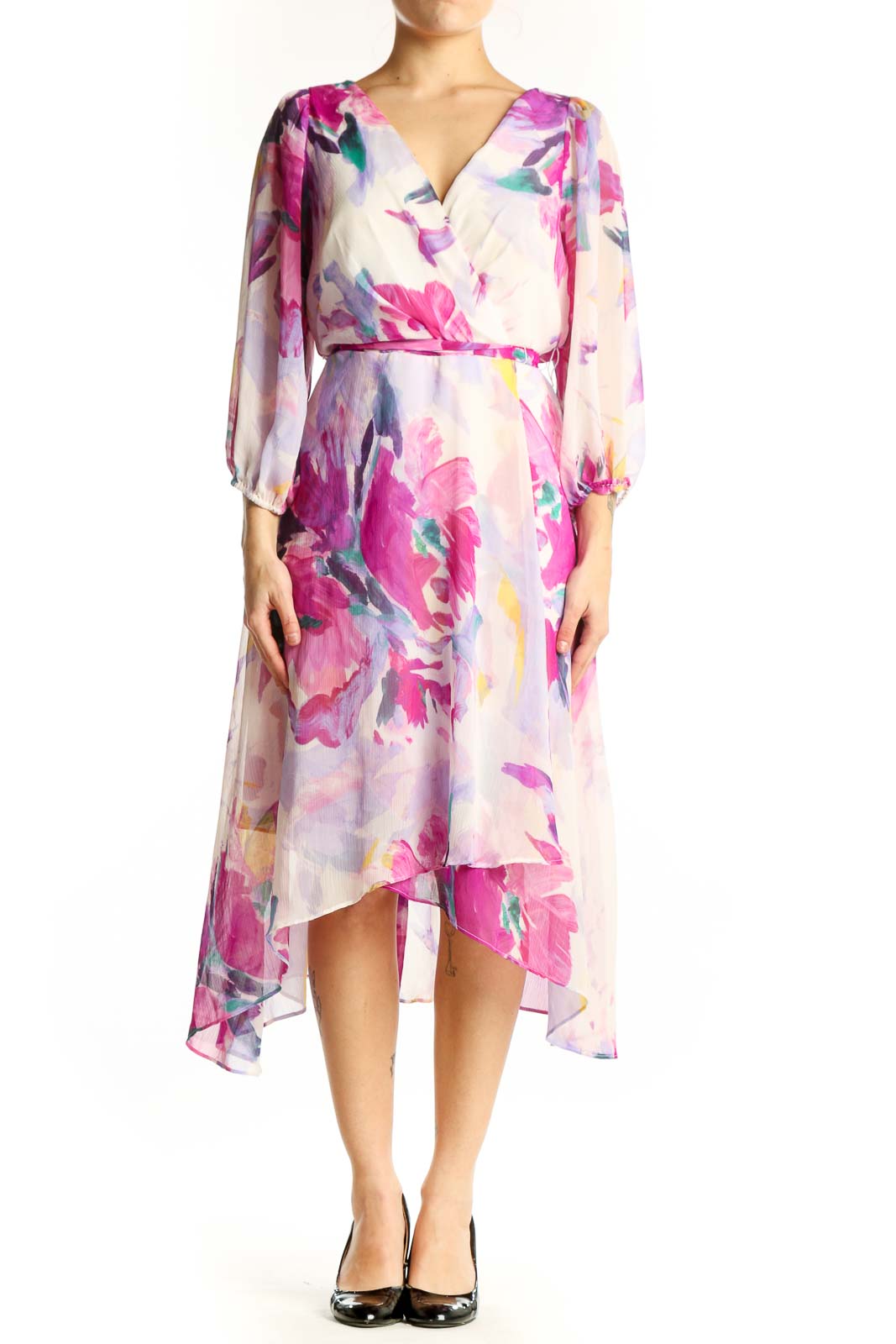 DKNY multicolor floral wrap midi dress with V-neckline and three-quarter sleeves, front view