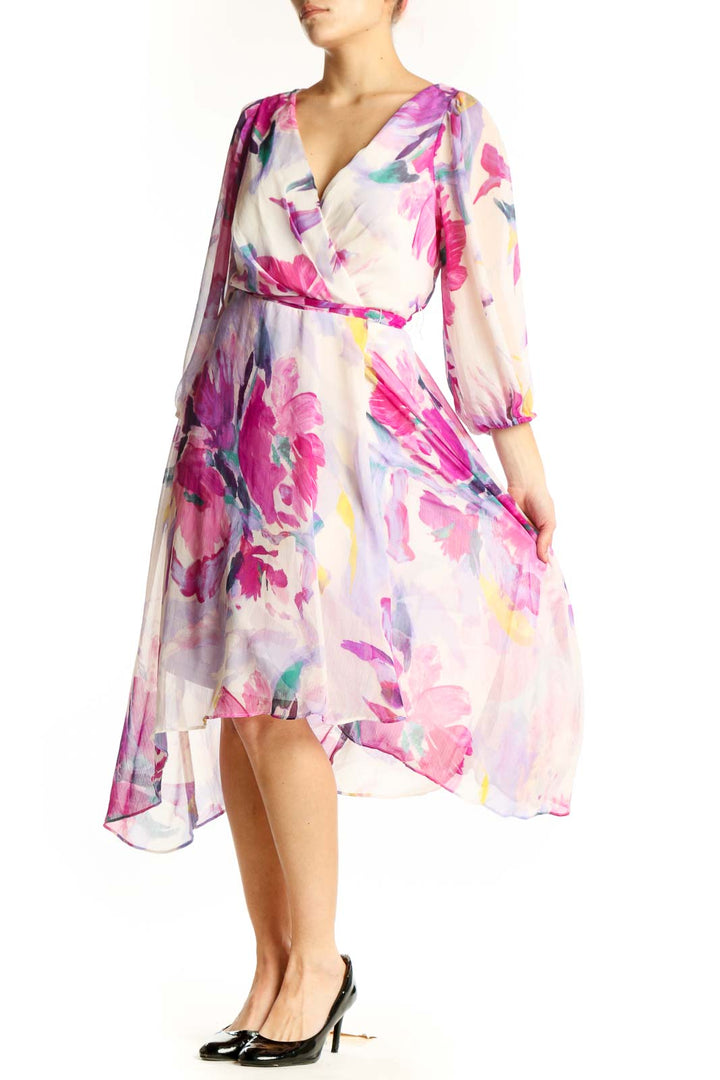 DKNY multicolor floral wrap midi dress with V-neckline and three-quarter sleeves, front view