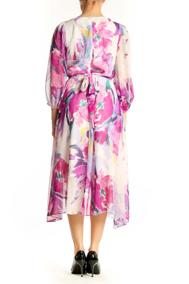DKNY multicolor floral wrap midi dress with asymmetrical hemline, back view