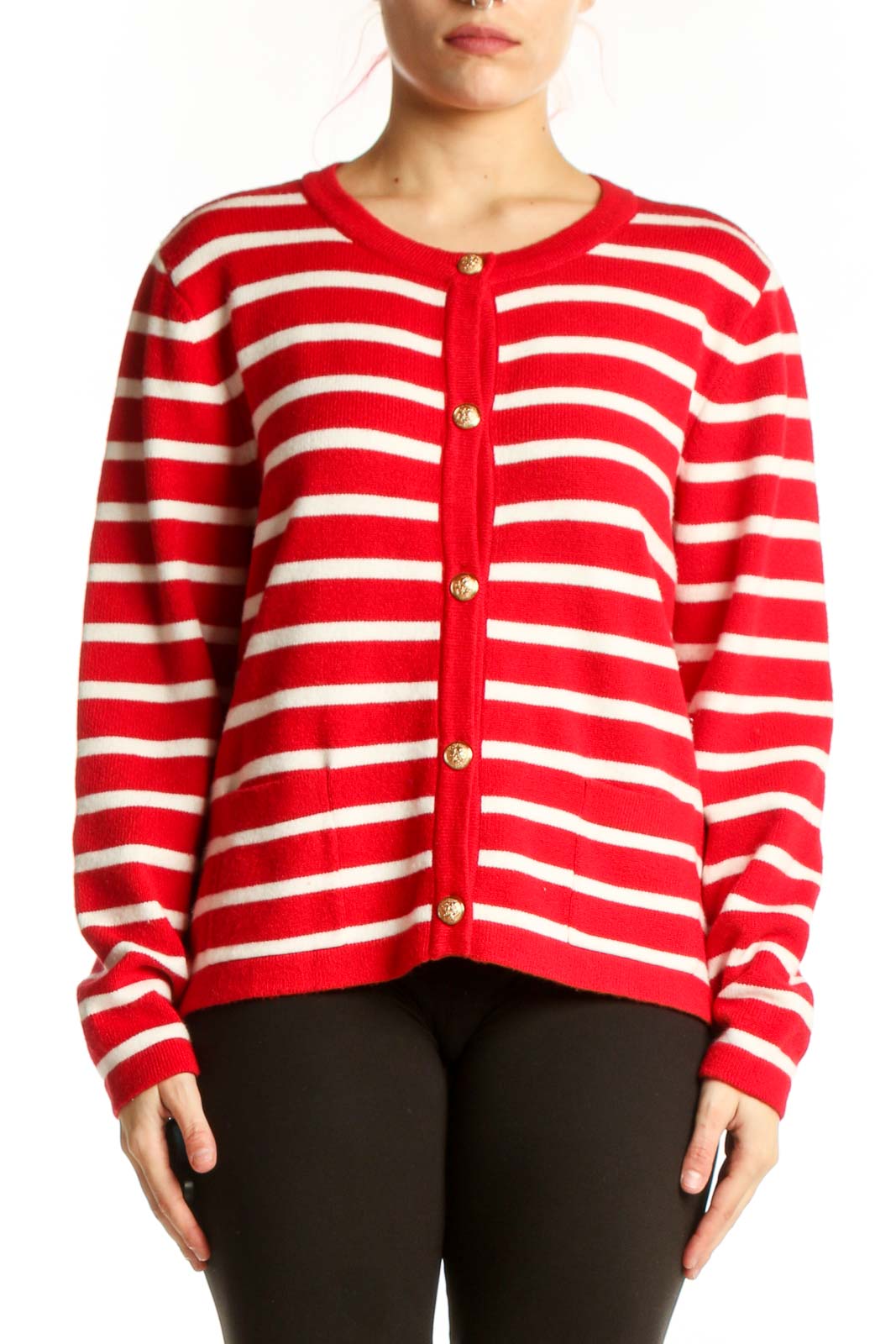 Red and white striped knit cardigan with gold button closure and crew neckline, front view