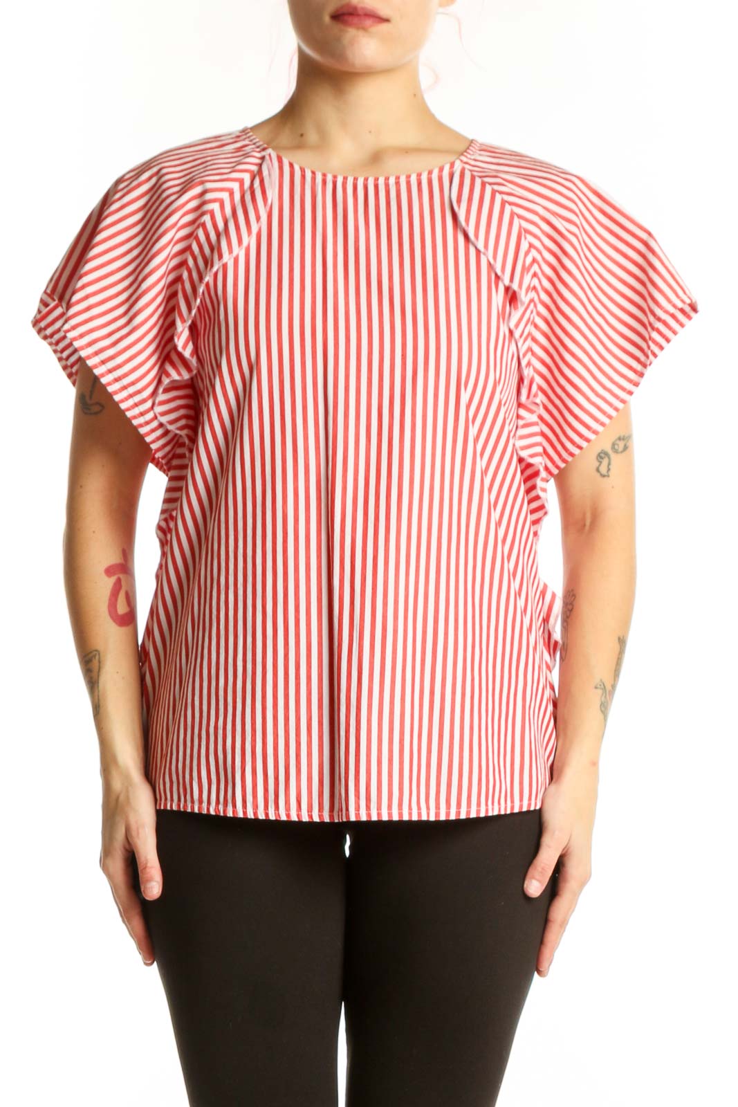 Red and white striped cotton top with ruffle sleeves, front view on model