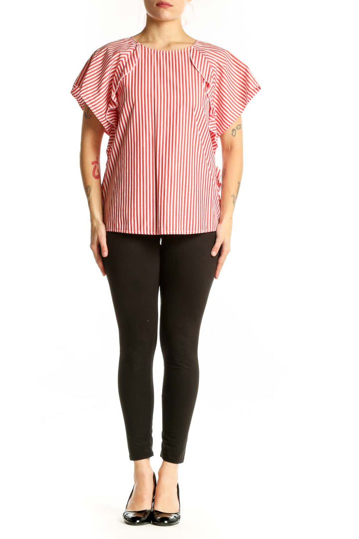 Red and white striped cotton top with ruffle sleeves, front view on model