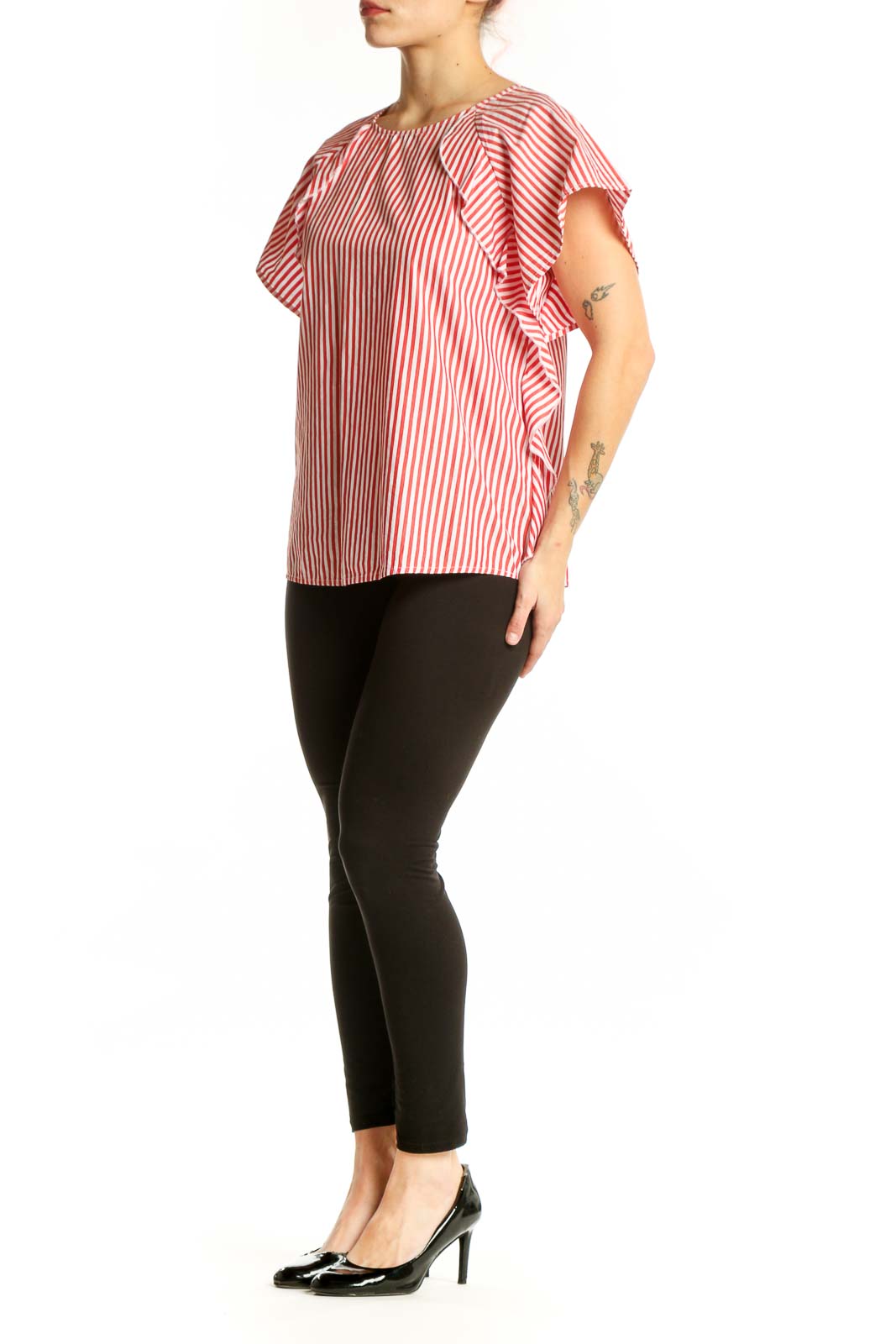 Red and white striped cotton top with ruffle sleeves, front view on model