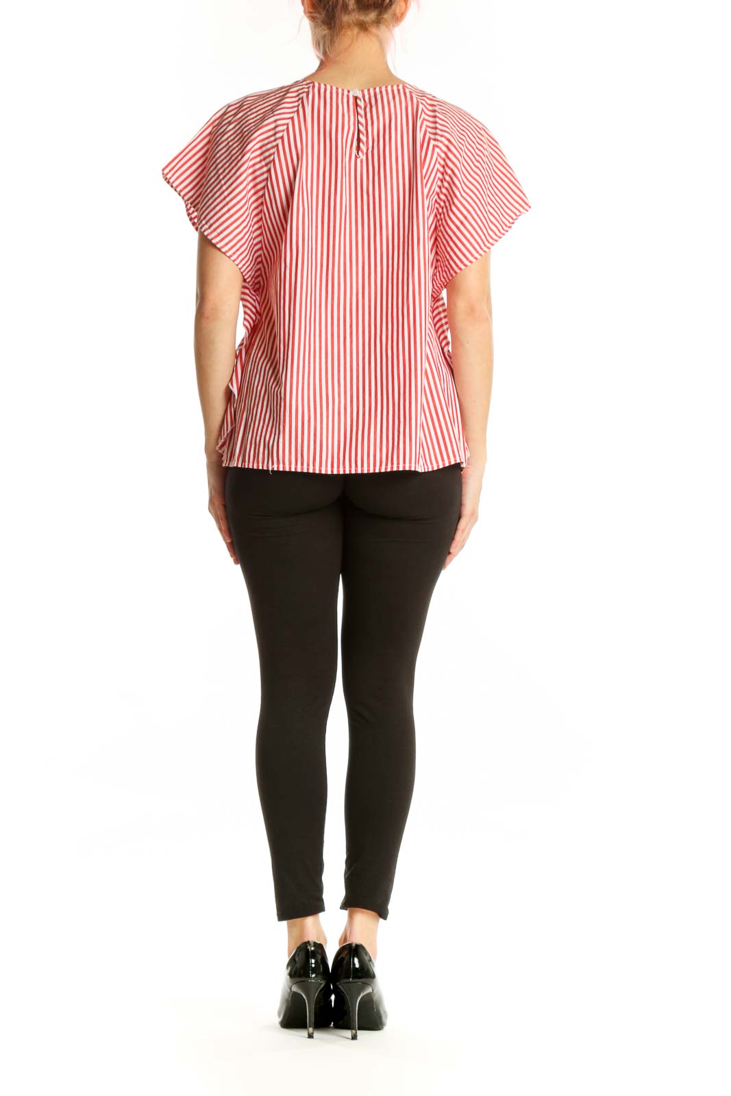 Red and white striped cotton top with ruffle sleeves, back view on model