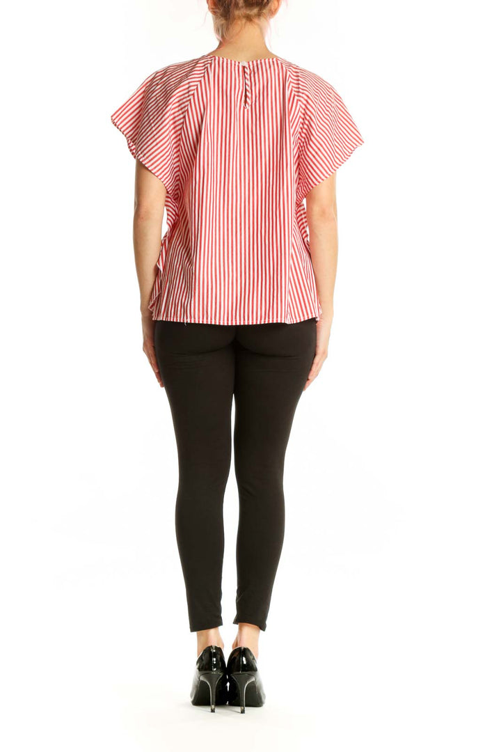 Red and white striped cotton top with ruffle sleeves, back view on model