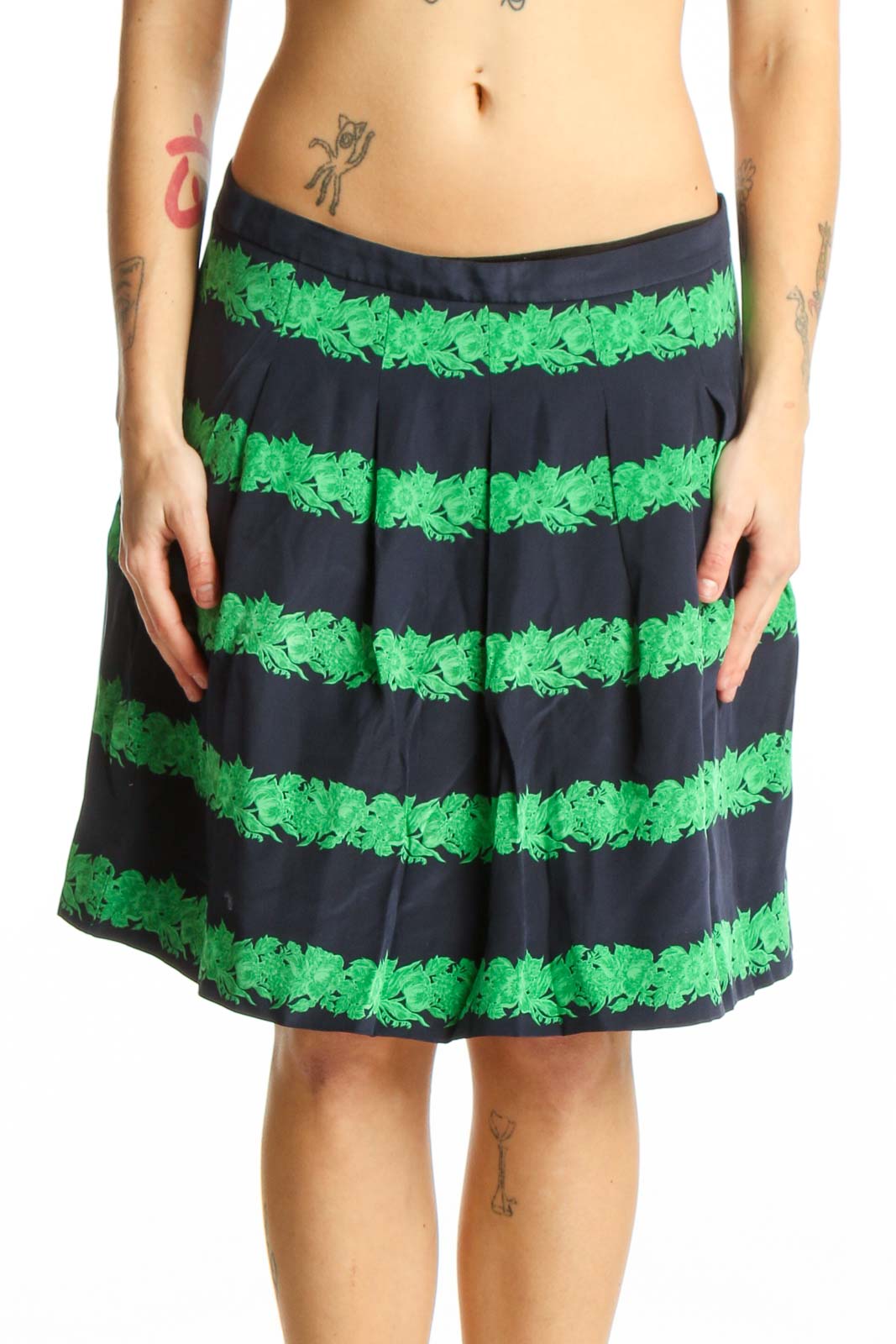 Front view of green and black horizontal striped pleated skirt by J.Crew, size S