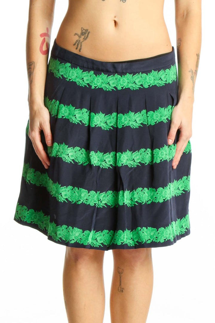 Front view of green and black horizontal striped pleated skirt by J.Crew, size S