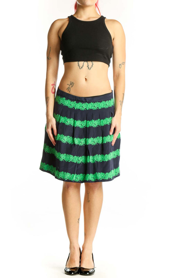 Front view of green and black horizontal striped pleated skirt by J.Crew, size S