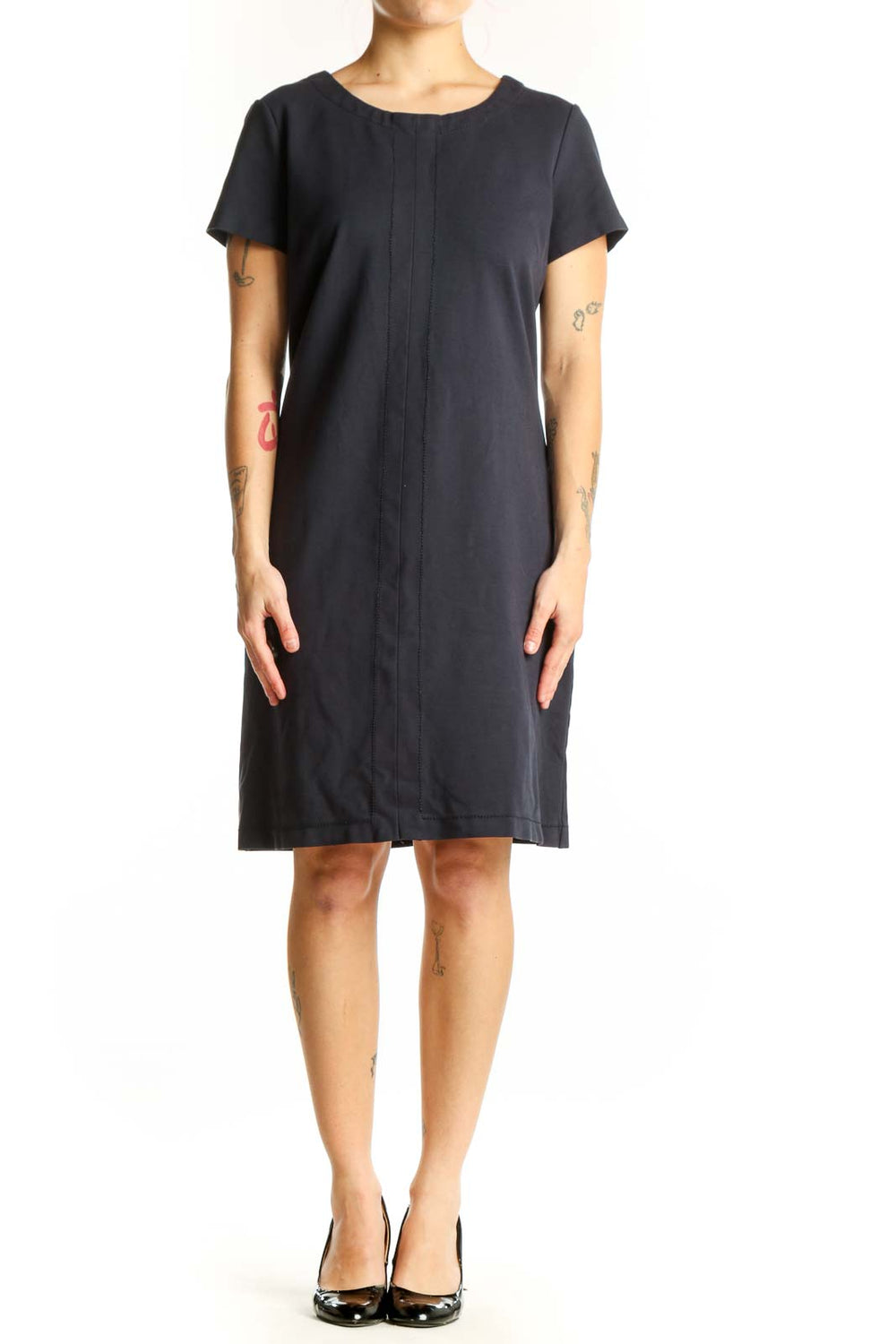 Black short sleeve t-shirt dress with center pleat detail and crew neckline, front view