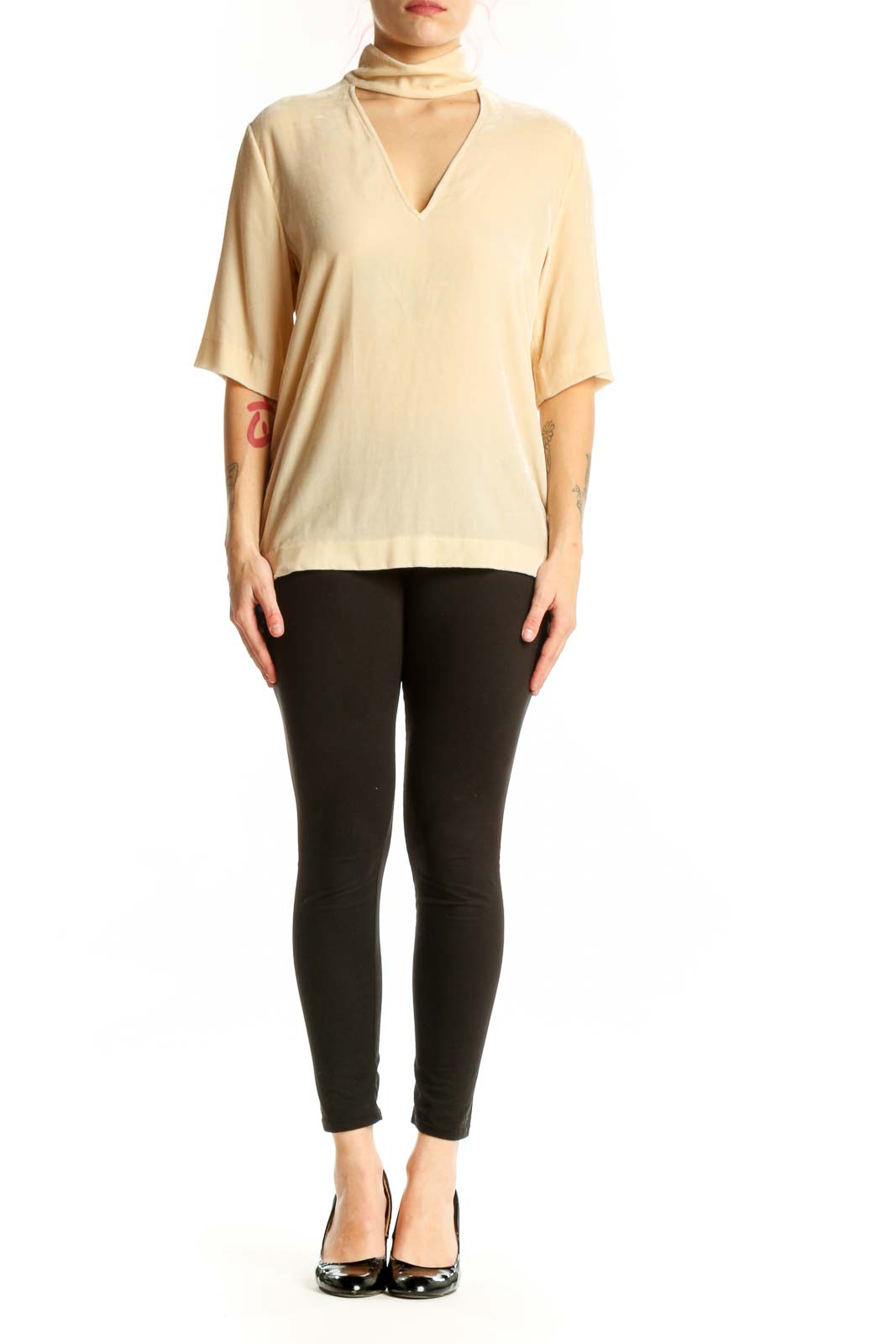Cream choker neck rayon silk top by Theory with cutout detail, front view on model