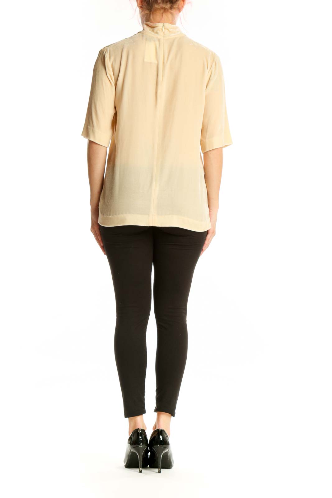 Cream choker neck rayon silk top by Theory, back view showing relaxed fit and elbow-length sleeves