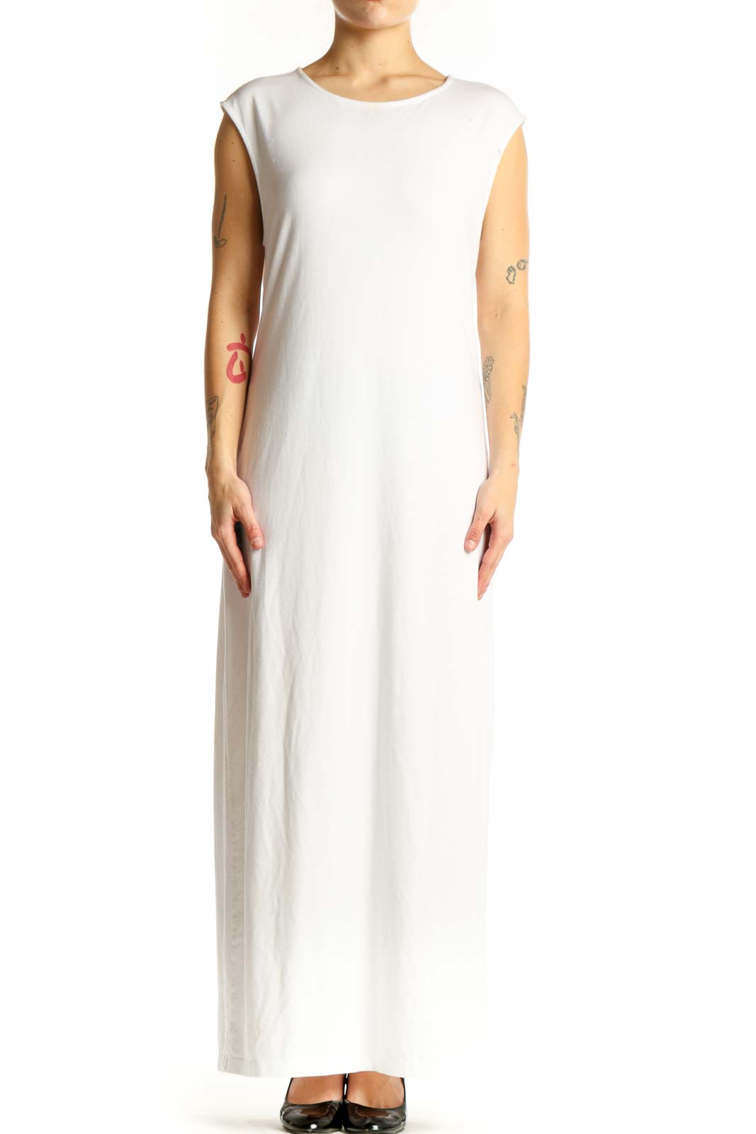 White sleeveless maxi dress with crew neckline, front view on model
