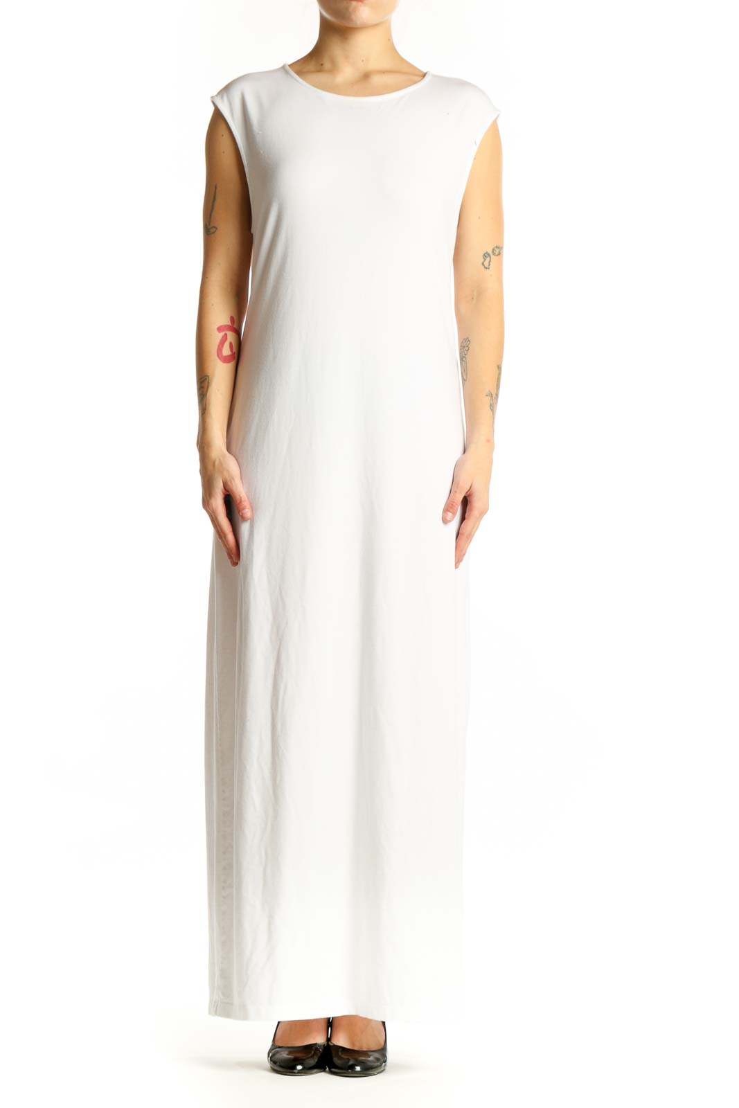 White sleeveless maxi dress with crew neckline, front view on model