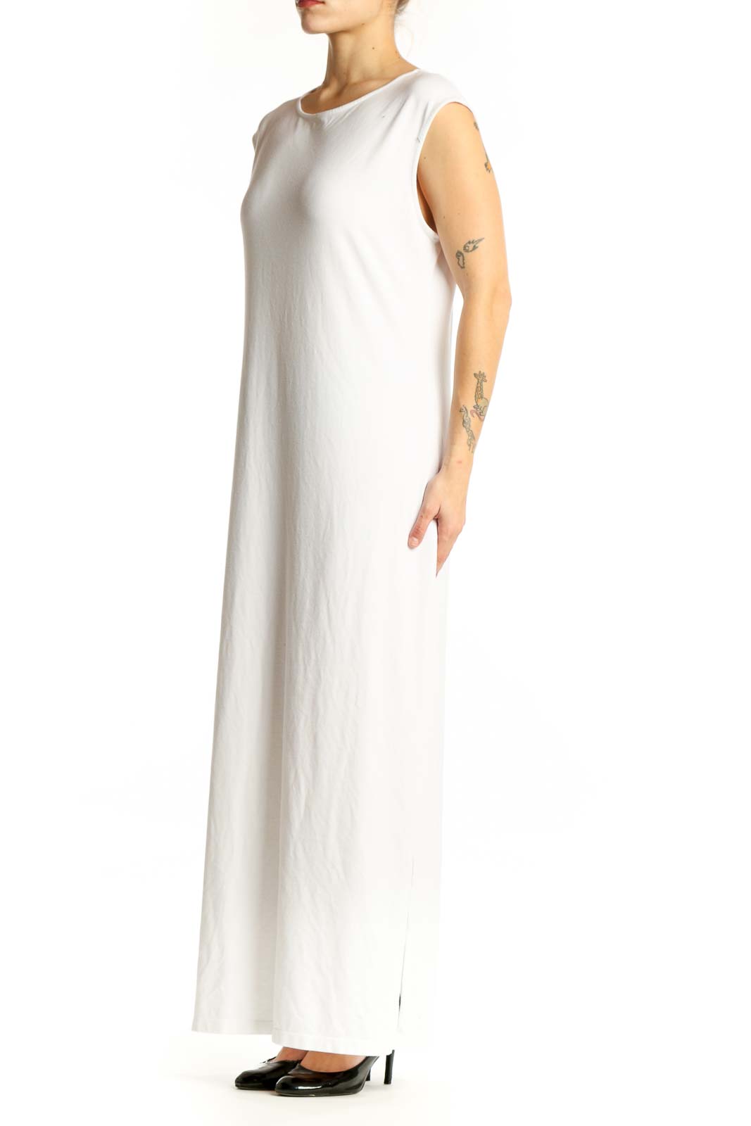 White sleeveless maxi dress with crew neckline, front view on model
