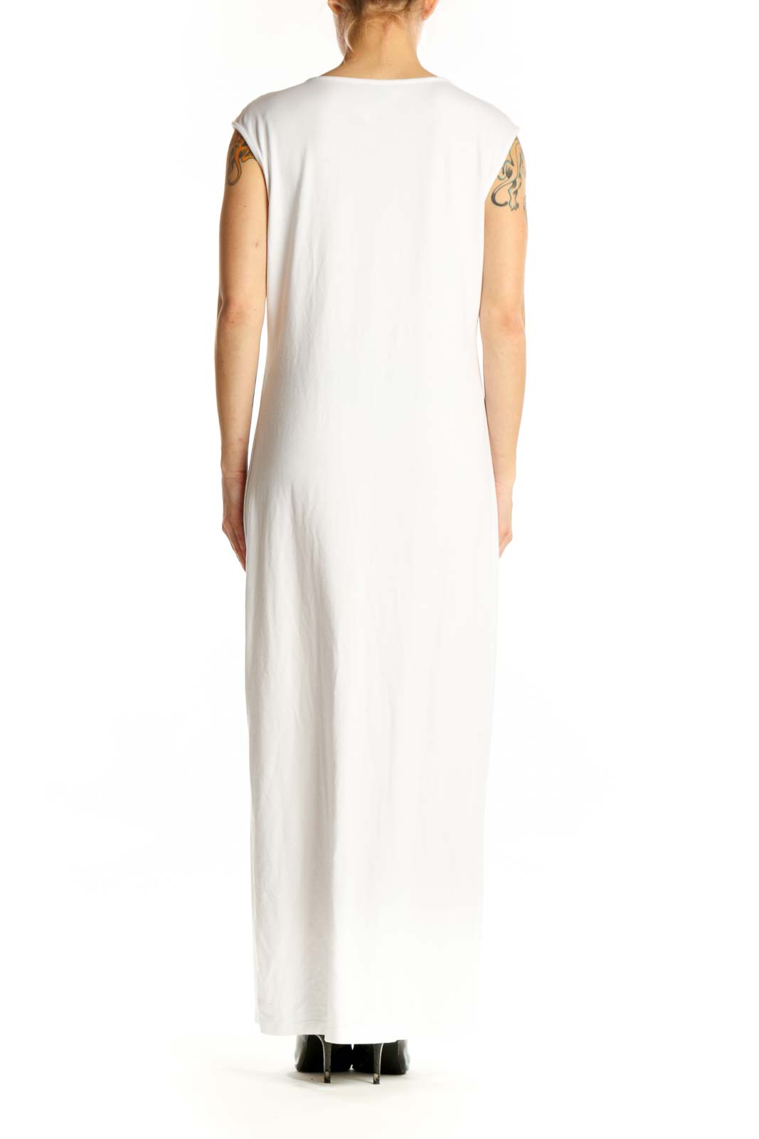 White sleeveless maxi dress with crew neckline, back view on model