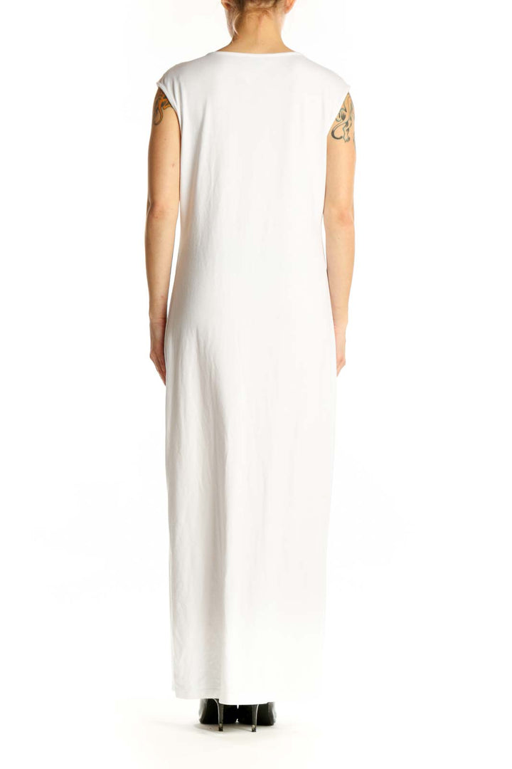 White sleeveless maxi dress with crew neckline, back view on model