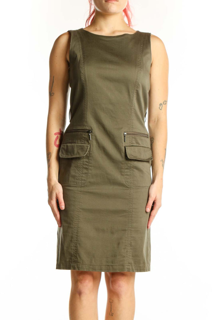 Olive green sleeveless cargo pocket dress front view, Jules & Leopold size small