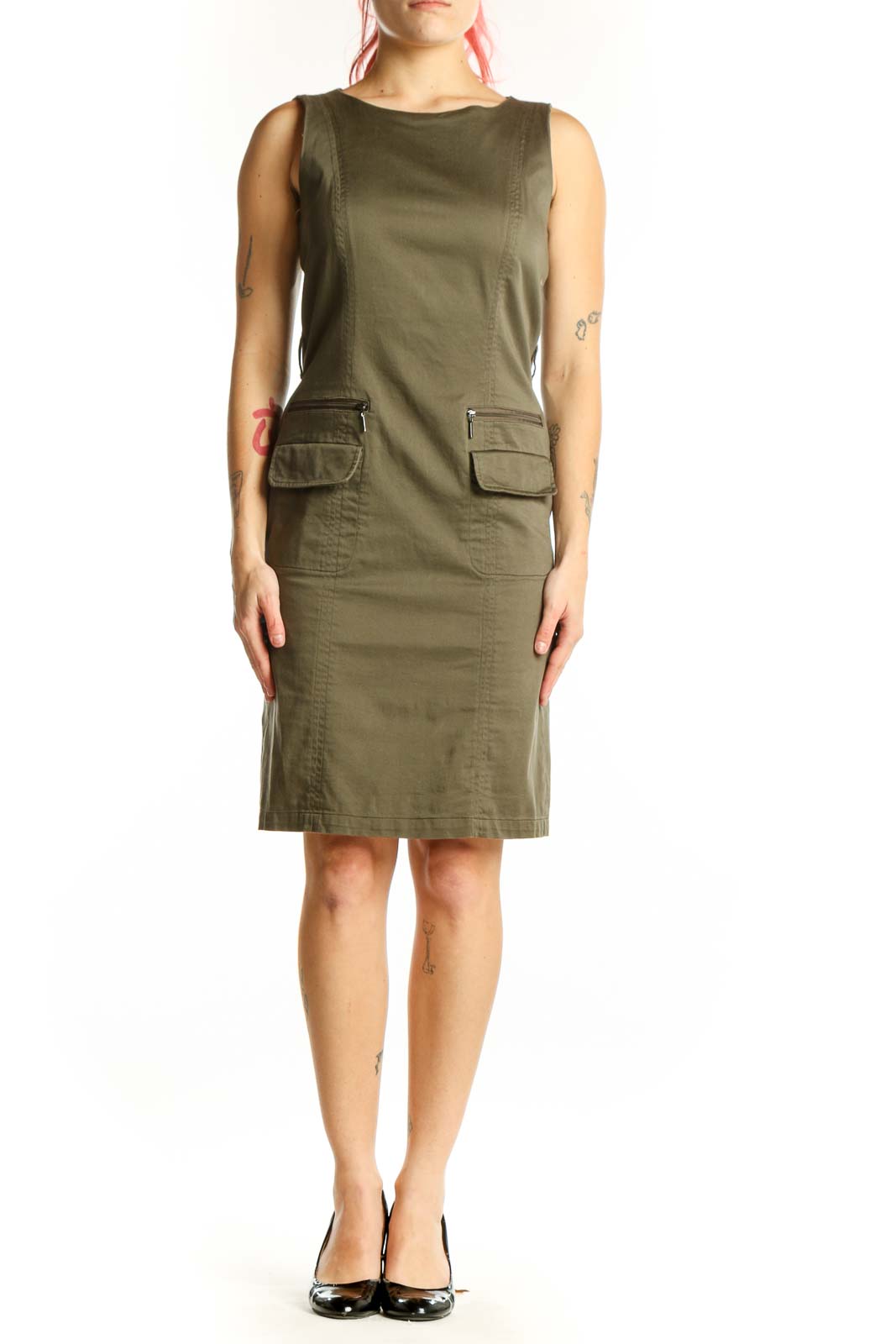 Olive green sleeveless cargo pocket dress front view, Jules & Leopold size small
