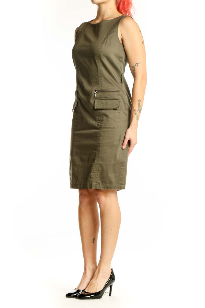 Olive green sleeveless cargo pocket dress front view, Jules & Leopold size small