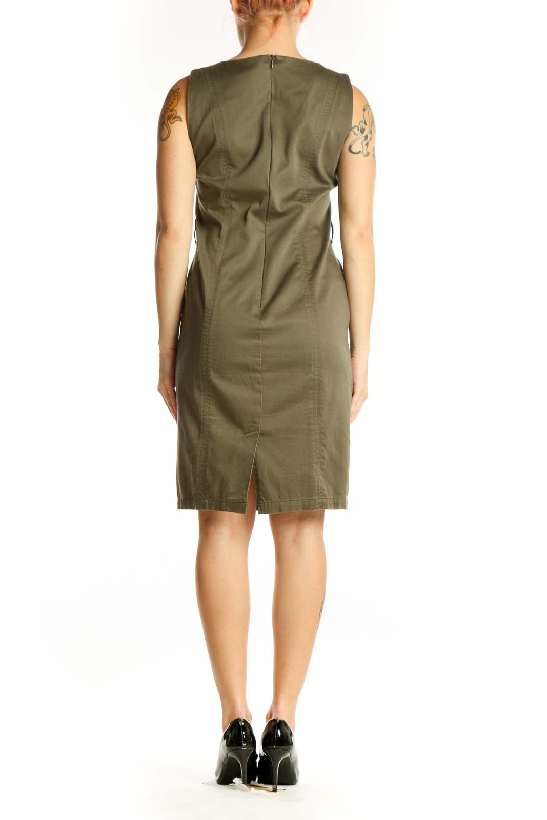 Olive green sleeveless cargo pocket dress back view, showing side cargo pockets and knee-length silhouette