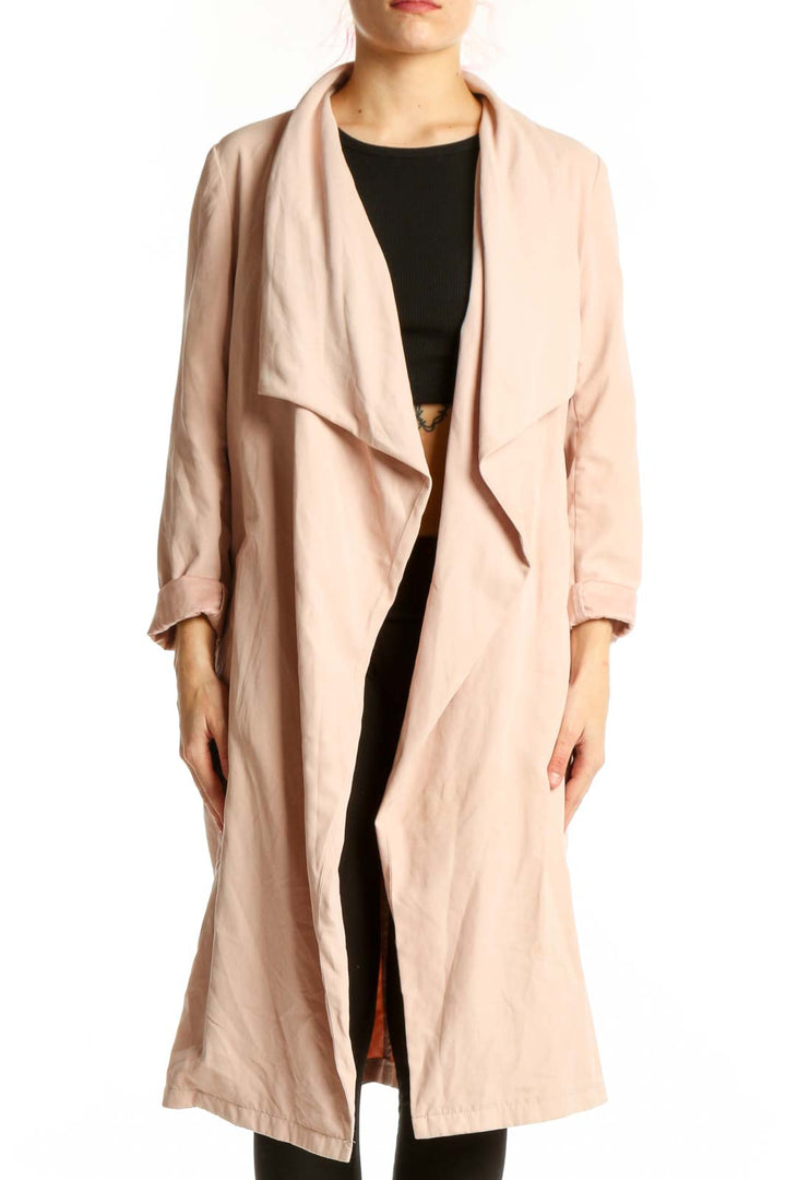 Front view of cream draped long cardigan jacket with open front and three-quarter sleeves