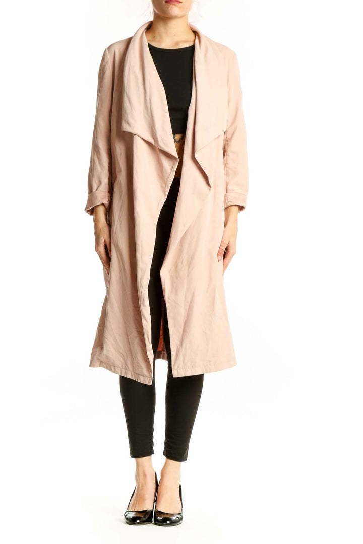 Front view of cream draped long cardigan jacket with open front and three-quarter sleeves