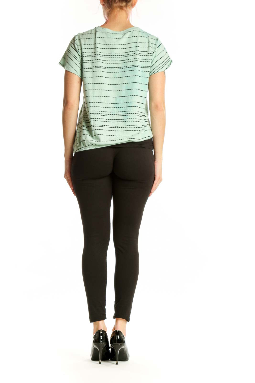 Sage green geometric print short-sleeve top by Dolan, back view displaying full geometric pattern design