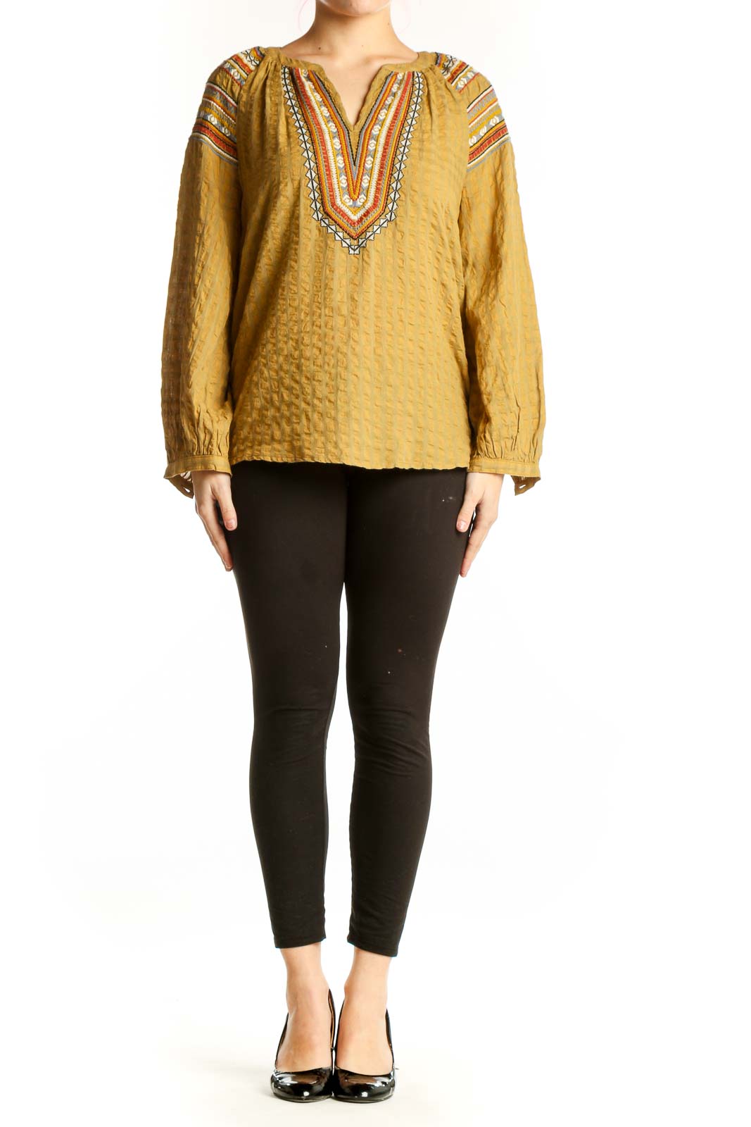 Rachel Zoe gold embroidered boho tunic top with vibrant red and orange neckline detailing, front view on model