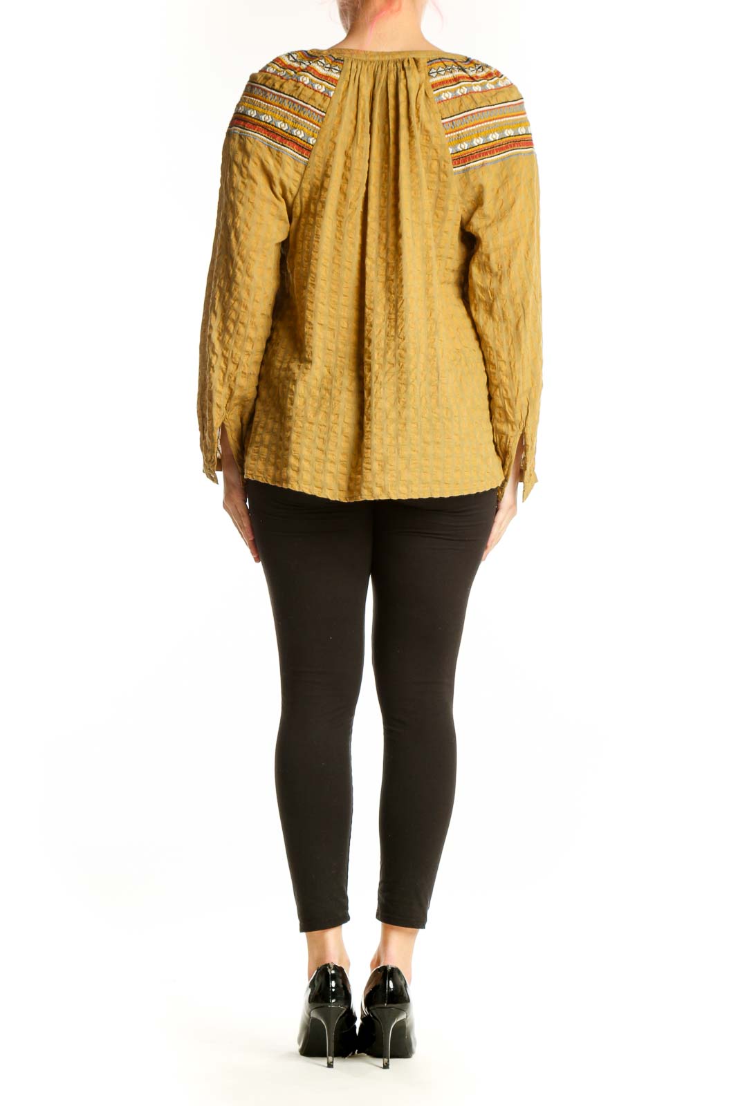 Rachel Zoe gold embroidered boho tunic top back view, showing relaxed fit and long gathered sleeves