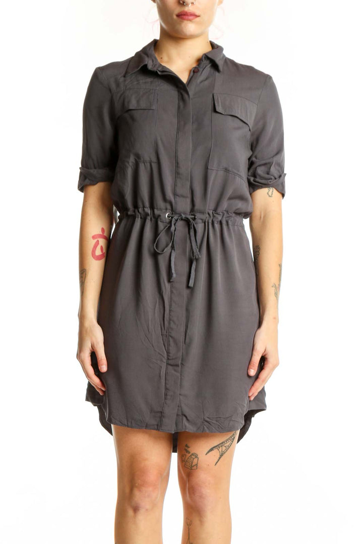 Gray viscose shirt dress by Topshop with button-front, chest pockets, and drawstring waist, front view