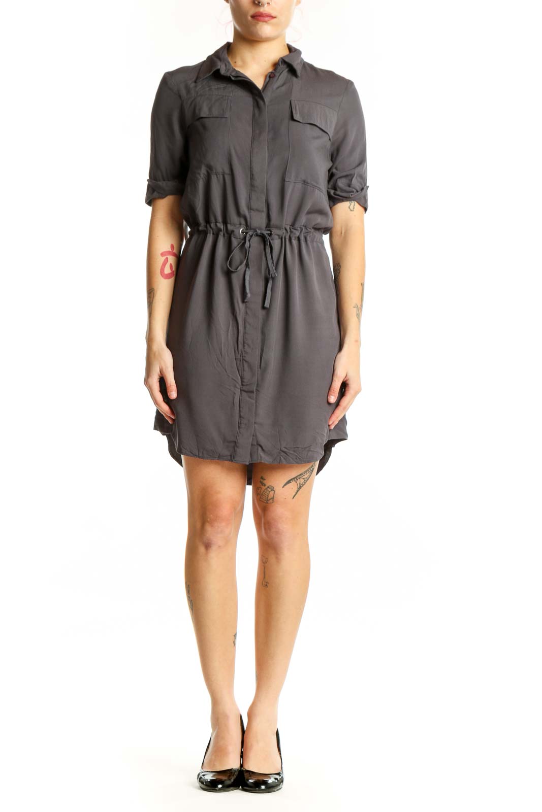 Gray viscose shirt dress by Topshop with button-front, chest pockets, and drawstring waist, front view