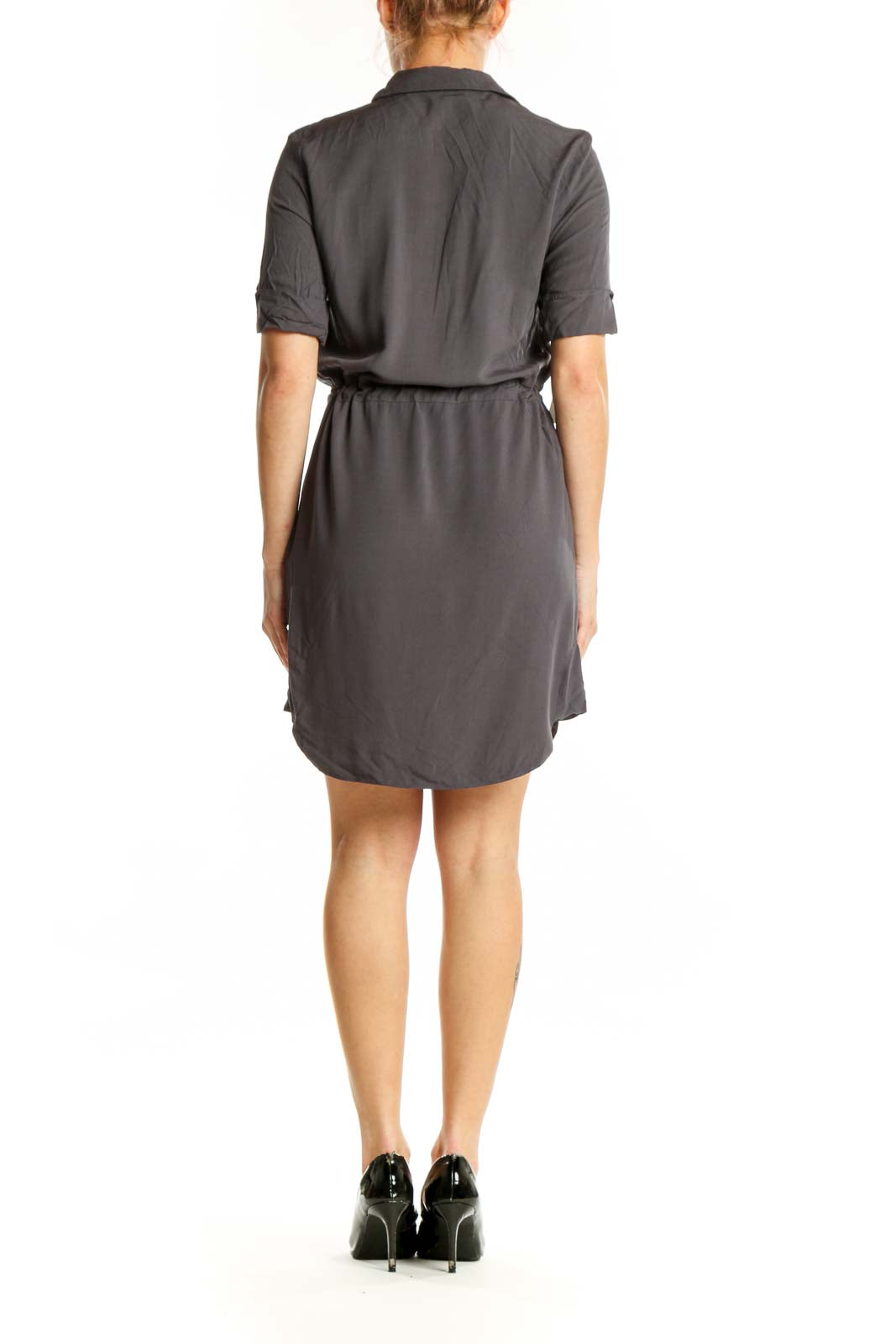 Gray viscose shirt dress by Topshop with button-front and drawstring waist, back view