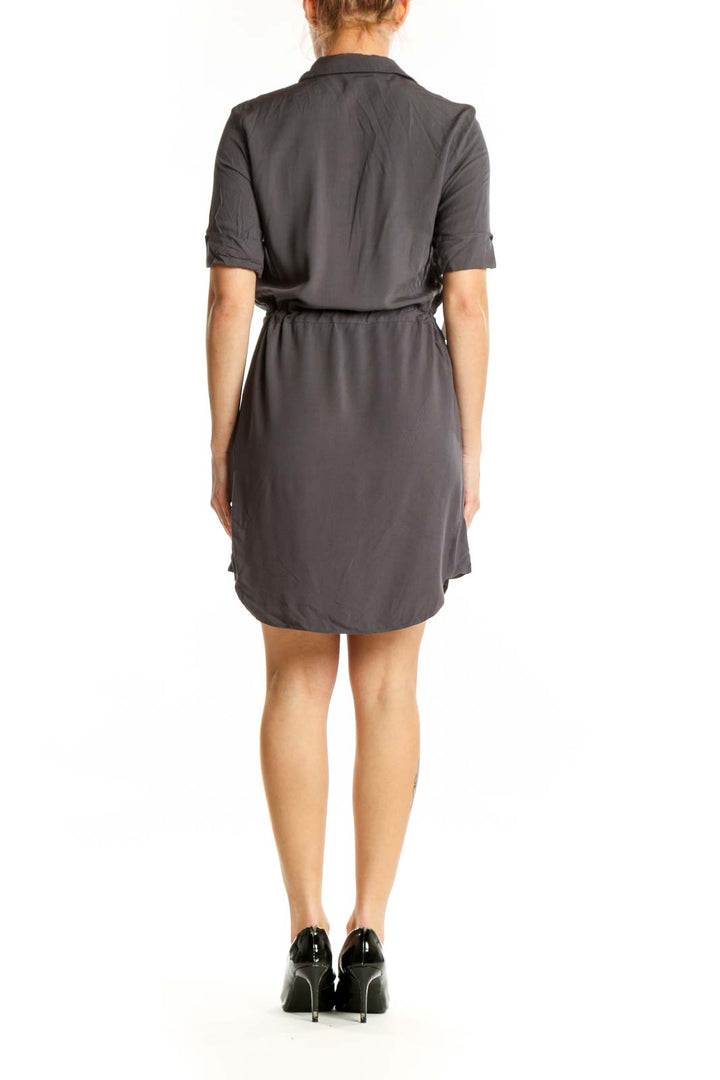 Gray viscose shirt dress by Topshop with button-front and drawstring waist, back view
