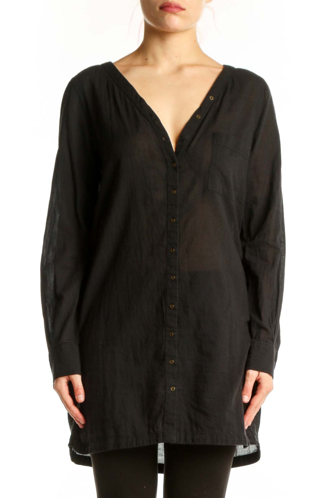 Black cotton button-front shirt dress by Joie with V-neckline and long sleeves, front view