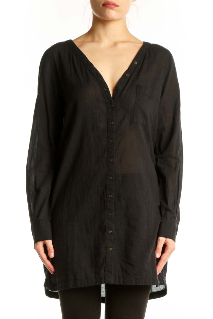 Black cotton button-front shirt dress by Joie with V-neckline and long sleeves, front view